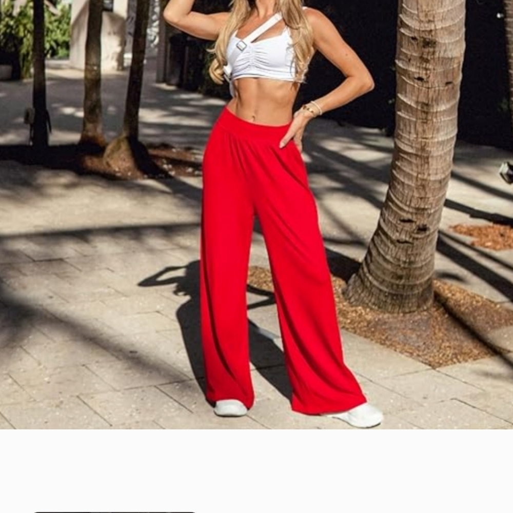 Vibrant Red Wide-Leg High-Waisted Pants